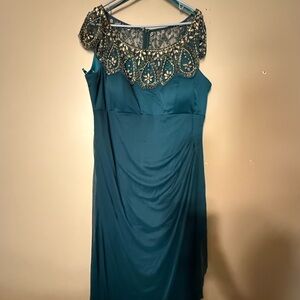 Xscape Teal One Shoulder Dress with Embellishments